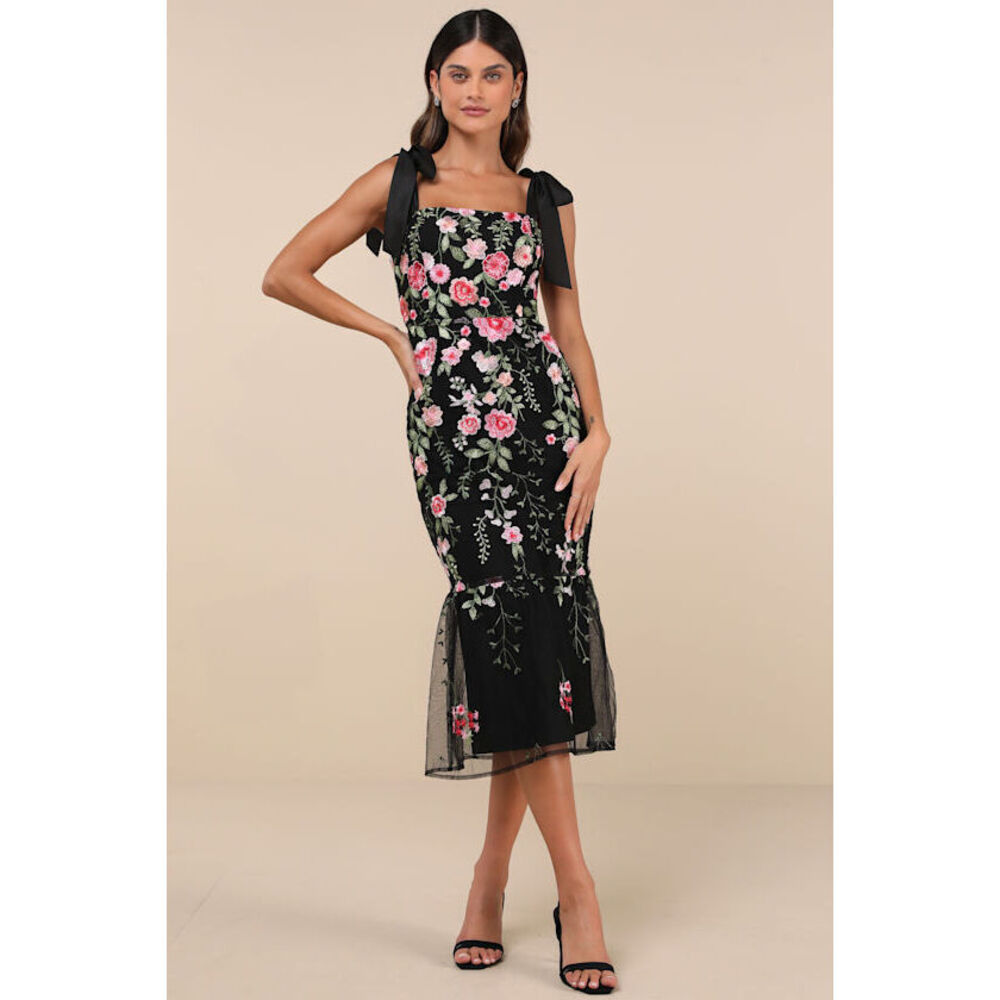 Lulu's Black Floral Embroidered Midi Dress with Pink Roses